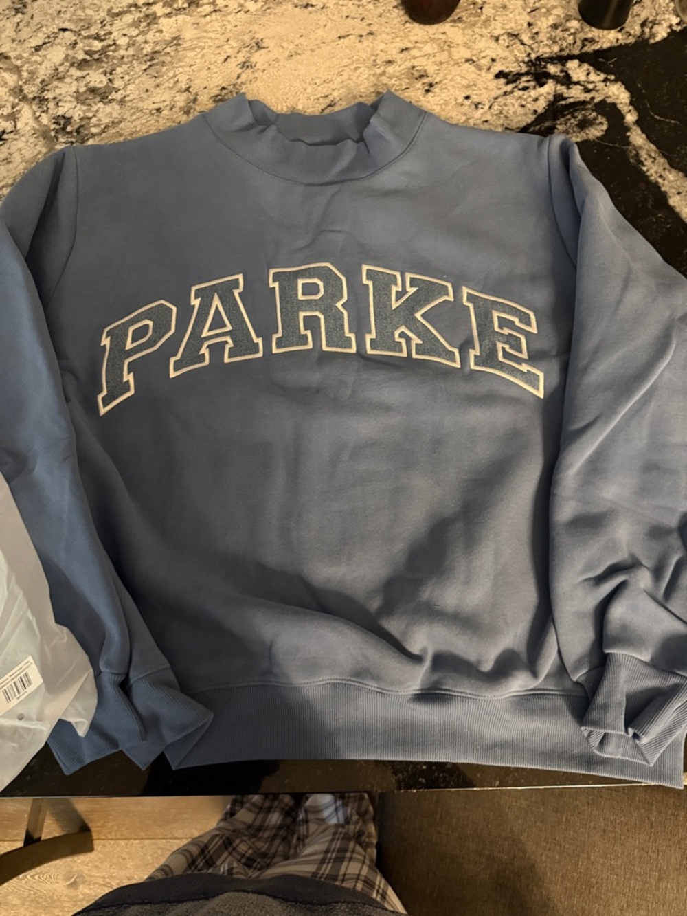 PARKER Light Blue Crewneck Sweatshirt with White Collegiate Lettering